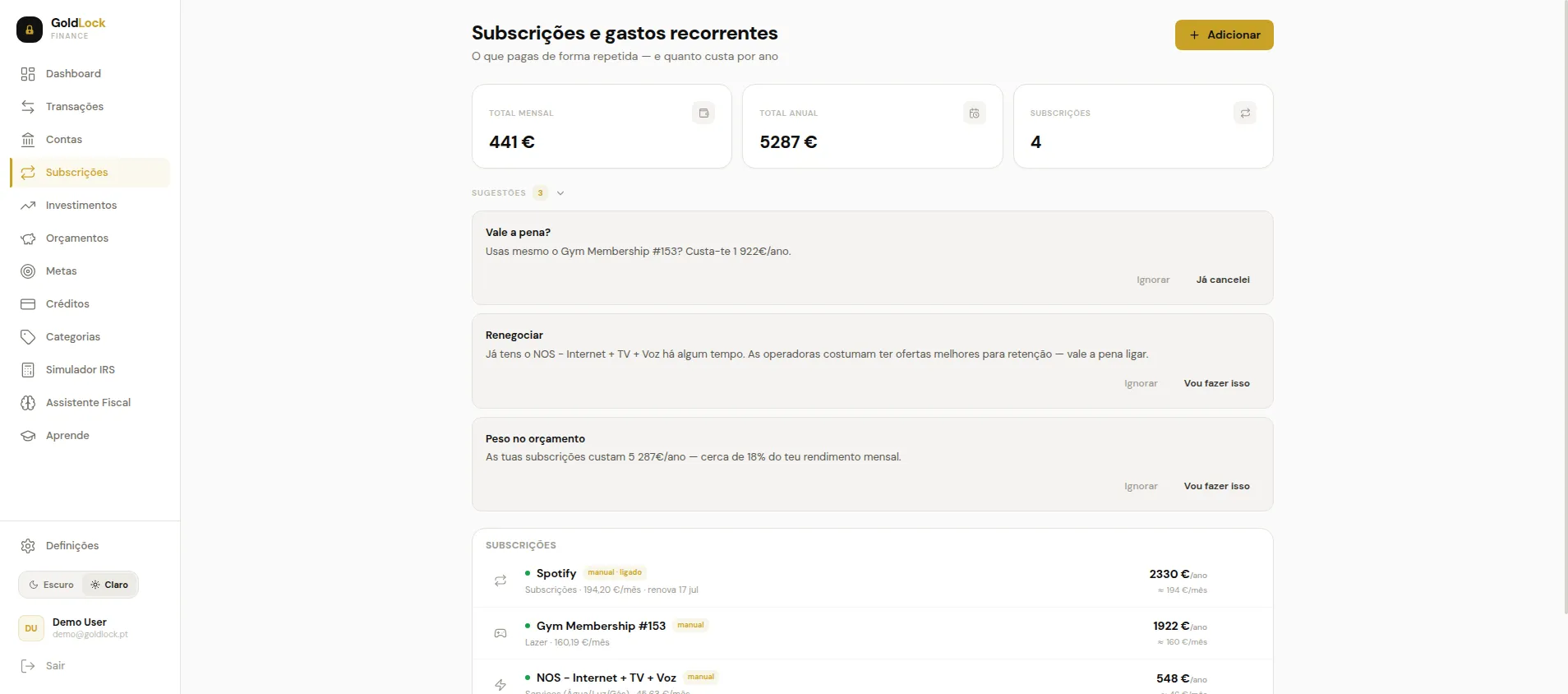 Página de subscrições do GoldLock com pagamentos recorrentes detetados